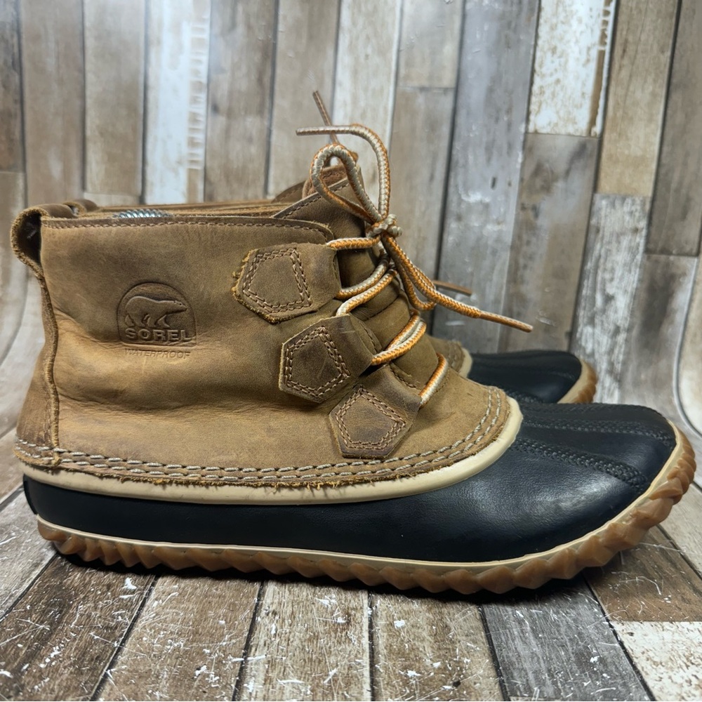 Sorel Waterproof Rain Bootie Women Size 8 Brown Out-N-About Duck Boot Lace Up